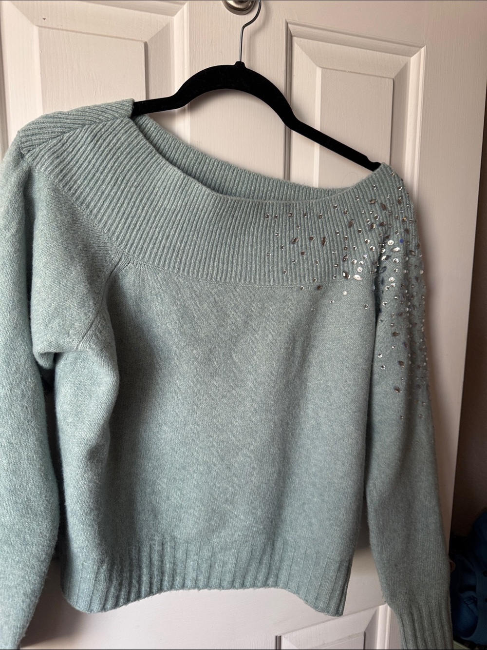 Nine West Aqua Off-the-Shoulder Sweater with Shoulder Sequins